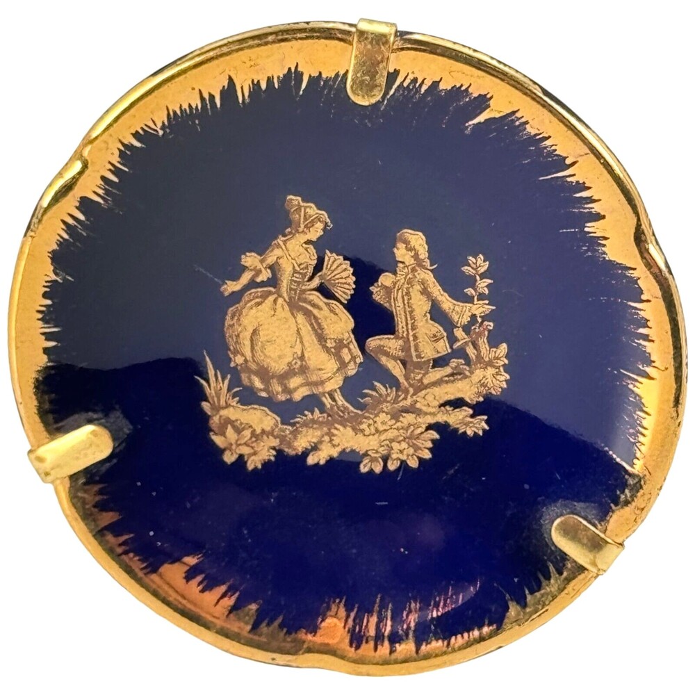 Limoges Courting Couple Figures Plate ~2" Blue Gold Porcelain France VTG